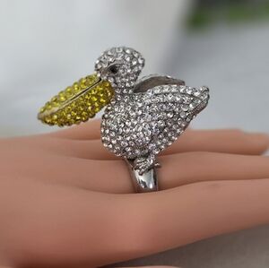 Large Statement Pelican Stretch Ring  Rhinestone Covered
